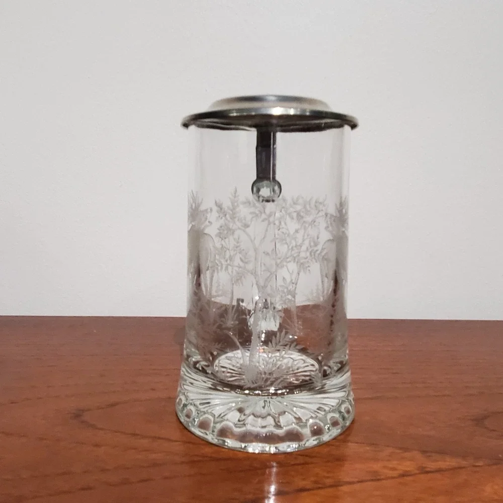 Vintage ALWE Etched Glass Beer Stein Marked W. Germany Pewter Lid Deer Elk Trees
